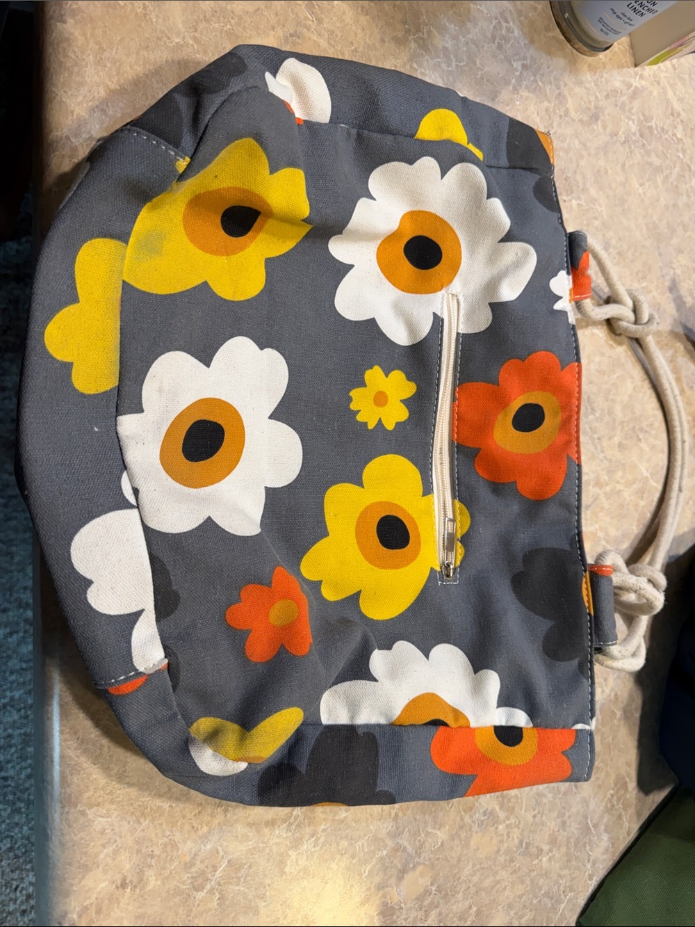 Floral Canvas Tote Bag in Charcoal with Yellow & Orange Accents
